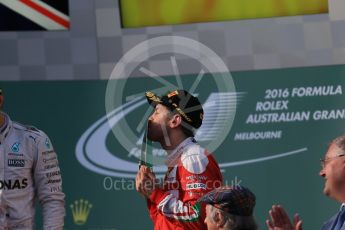 World © Octane Photographic Ltd. Scuderia Ferrari – Sebastian Vettel. Sunday 20th March 2016, F1 Australian GP Race - Podium, Melbourne, Albert Park, Australia. Digital Ref : 1525LB1D7910