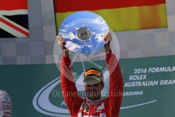 World © Octane Photographic Ltd. Scuderia Ferrari – Sebastian Vettel. Sunday 20th March 2016, F1 Australian GP Race - Podium, Melbourne, Albert Park, Australia. Digital Ref : 1525LB1D7927