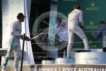 World © Octane Photographic Ltd. Mercedes AMG Petronas – Nico Rosberg and Lewis Hamilton. Sunday 20th March 2016, F1 Australian GP Race - Podium, Melbourne, Albert Park, Australia. Digital Ref : 1525LB1D7961