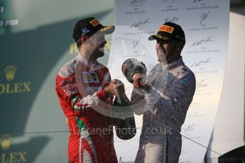 World © Octane Photographic Ltd. Mercedes AMG Petronas – Lewis Hamilton and Scuderia Ferrari – Sebastian Vettel. Sunday 20th March 2016, F1 Australian GP Race - Podium, Melbourne, Albert Park, Australia. Digital Ref : 1525LB1D8065