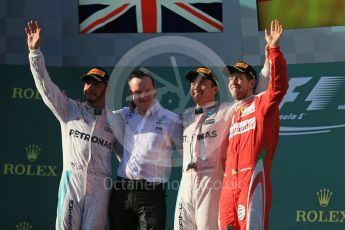 World © Octane Photographic Ltd. Mercedes AMG Petronas – Nico Rosberg, Lewis Hamilton and Scuderia Ferrari – Sebastian Vettel. Sunday 20th March 2016, F1 Australian GP Race - Podium, Melbourne, Albert Park, Australia. Digital Ref : 1525LB1D8102