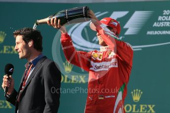 World © Octane Photographic Ltd. Scuderia Ferrari – Sebastian Vettel and Mark Webber. Sunday 20th March 2016, F1 Australian GP Race - Podium, Melbourne, Albert Park, Australia. Digital Ref : 1525LB1D8176