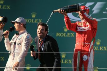 World © Octane Photographic Ltd. Scuderia Ferrari – Sebastian Vettel and Mark Webber. Sunday 20th March 2016, F1 Australian GP Race - Podium, Melbourne, Albert Park, Australia. Digital Ref : 1525LB1D8184