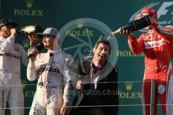 World © Octane Photographic Ltd. Scuderia Ferrari – Sebastian Vettel and Mark Webber. Sunday 20th March 2016, F1 Australian GP Race - Podium, Melbourne, Albert Park, Australia. Digital Ref : 1525LB1D8191