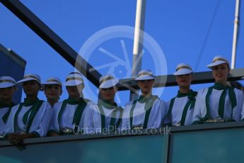 World © Octane Photographic Ltd. Podium Girls. Sunday 20th March 2016, F1 Australian GP Race - Podium, Melbourne, Albert Park, Australia. Digital Ref : 1525LB1D8346