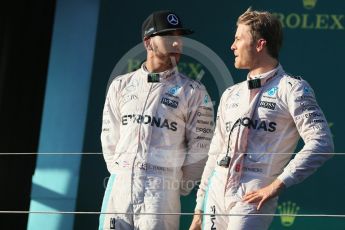 World © Octane Photographic Ltd. Mercedes AMG Petronas – Nico Rosberg and Lewis Hamilton. Sunday 20th March 2016, F1 Australian GP Race - Podium, Melbourne, Albert Park, Australia. Digital Ref : 1525LB1D8352