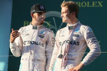 World © Octane Photographic Ltd. Mercedes AMG Petronas – Nico Rosberg and Lewis Hamilton. Sunday 20th March 2016, F1 Australian GP Race - Podium, Melbourne, Albert Park, Australia. Digital Ref : 1525LB1D8367