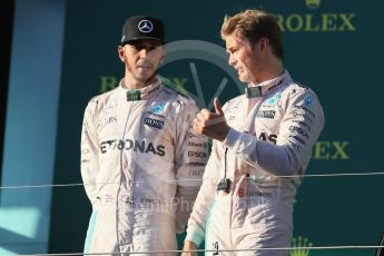 World © Octane Photographic Ltd. Mercedes AMG Petronas – Nico Rosberg and Lewis Hamilton. Sunday 20th March 2016, F1 Australian GP Race - Podium, Melbourne, Albert Park, Australia. Digital Ref : 1525LB1D8378