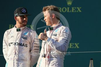 World © Octane Photographic Ltd. Mercedes AMG Petronas – Nico Rosberg and Lewis Hamilton. Sunday 20th March 2016, F1 Australian GP Race - Podium, Melbourne, Albert Park, Australia. Digital Ref : 1525LB1D8383