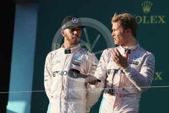 World © Octane Photographic Ltd. Mercedes AMG Petronas – Nico Rosberg and Lewis Hamilton. Sunday 20th March 2016, F1 Australian GP Race - Podium, Melbourne, Albert Park, Australia. Digital Ref : 1525LB1D8390