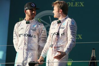 World © Octane Photographic Ltd. Mercedes AMG Petronas – Nico Rosberg and Lewis Hamilton. Sunday 20th March 2016, F1 Australian GP Race - Podium, Melbourne, Albert Park, Australia. Digital Ref : 1525LB1D8404