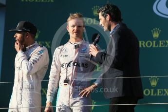 World © Octane Photographic Ltd. Mercedes AMG Petronas – Nico Rosberg, Lewis Hamilton and Mark Webber. Sunday 20th March 2016, F1 Australian GP Race - Podium, Melbourne, Albert Park, Australia. Digital Ref : 1525LB1D8425