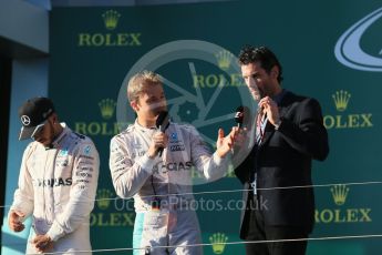 World © Octane Photographic Ltd. Mercedes AMG Petronas – Nico Rosberg, Lewis Hamilton and Mark Webber. Sunday 20th March 2016, F1 Australian GP Race - Podium, Melbourne, Albert Park, Australia. Digital Ref : 1525LB1D8427