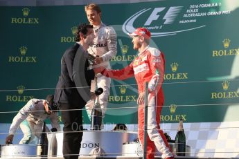 World © Octane Photographic Ltd. Scuderia Ferrari – Sebastian Vettel. Sunday 20th March 2016, F1 Australian GP Race - Podium, Melbourne, Albert Park, Australia. Digital Ref : 1525LB1D8458