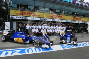 World © Octane Photographic Ltd. Sauber F1 Team photo – Marcus Ericsson and Felipe Nasr. Saturday 19th March 2016, F1 Australian GP Practice 3, Melbourne, Albert Park, Australia. Digital Ref : 1519LB5D1626