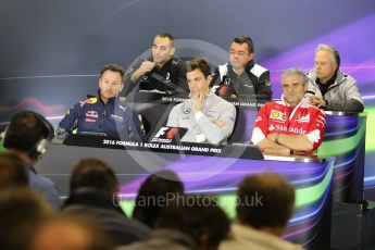 World © Octane Photographic Ltd. F1 Australian GP FIA Press Conference, Melbourne, Albert Park, Australia, Friday 18th March 2016. Cyril Abiteboul – Renault Sport F1 Team Managing Director, Maurizio Arrivabene – Scuderia Ferrari Team Principle, Eric Boullier – McLaren Honda Racing Director, Gene Haas – Haas F1 Team Owner and Chairman, Christian Horner – Red Bull Racing Team Principle and Toto Wolff – Mercedes AMG Petronas Executive Director. Digital Ref : 1518LB5D1467