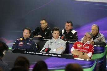 World © Octane Photographic Ltd. F1 Australian GP FIA Press Conference, Melbourne, Albert Park, Australia, Friday 18th March 2016. Cyril Abiteboul – Renault Sport F1 Team Managing Director, Maurizio Arrivabene – Scuderia Ferrari Team Principle, Eric Boullier – McLaren Honda Racing Director, Gene Haas – Haas F1 Team Owner and Chairman, Christian Horner – Red Bull Racing Team Principle and Toto Wolff – Mercedes AMG Petronas Executive Director. Digital Ref : 1518LB5D1476