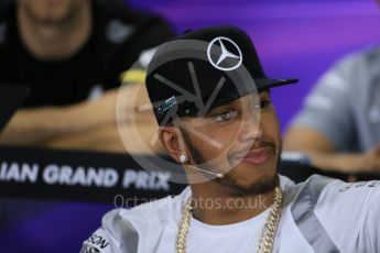 World © Octane Photographic Ltd. F1 Australian GP FIA Press Conference, Melbourne, Albert Park, Australia, Thursday 17th March 2016. Mercedes AMG Petronas – Lewis Hamilton. Digital Ref : 1515LB1D1088