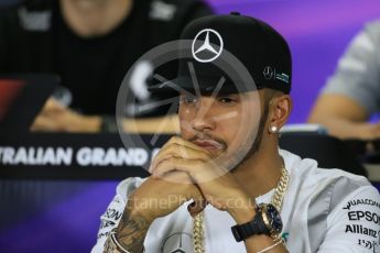 World © Octane Photographic Ltd. F1 Australian GP FIA Press Conference, Melbourne, Albert Park, Australia, Thursday 17th March 2016. Mercedes AMG Petronas – Lewis Hamilton. Digital Ref : 1515LB1D1106