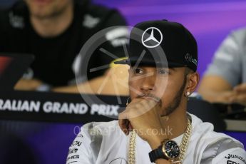 World © Octane Photographic Ltd. F1 Australian GP FIA Press Conference, Melbourne, Albert Park, Australia, Thursday 17th March 2016. Mercedes AMG Petronas – Lewis Hamilton. Digital Ref : 1515LB1D1133