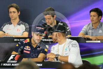 World © Octane Photographic Ltd. F1 Australian GP FIA Press Conference, Melbourne, Albert Park, Australia, Thursday 17th March 2016. Haas F1 Team - Esteban Gutierrez, Mercedes AMG Petronas – Lewis Hamilton, Manor Racing – Rio Haryanto, Renault Sport F1 Team – Jolyon Palmer, and Red Bull Racing – Daniel Ricciardo. Digital Ref : 1515LB5D0911