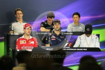 World © Octane Photographic Ltd. F1 Australian GP FIA Press Conference, Melbourne, Albert Park, Australia, Thursday 17th March 2016. Haas F1 Team - Esteban Gutierrez, Mercedes AMG Petronas – Lewis Hamilton, Manor Racing – Rio Haryanto, Renault Sport F1 Team – Jolyon Palmer, Red Bull Racing – Daniel Ricciardo and Scuderia Ferrari – Sebastian Vettel. Digital Ref : 1515LB5D0926