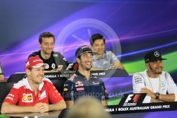 World © Octane Photographic Ltd. F1 Australian GP FIA Press Conference, Melbourne, Albert Park, Australia, Thursday 17th March 2016. Mercedes AMG Petronas – Lewis Hamilton, Manor Racing – Rio Haryanto, Renault Sport F1 Team – Jolyon Palmer, Red Bull Racing – Daniel Ricciardo and Scuderia Ferrari – Sebastian Vettel. Digital Ref : 1515LB5D0938