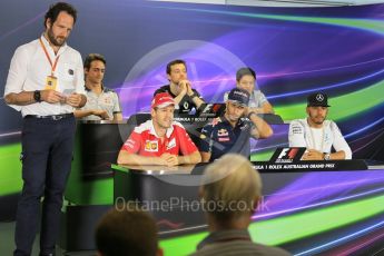 World © Octane Photographic Ltd. F1 Australian GP FIA Press Conference, Melbourne, Albert Park, Australia, Thursday 17th March 2016. Haas F1 Team - Esteban Gutierrez, Mercedes AMG Petronas – Lewis Hamilton, Manor Racing – Rio Haryanto, Renault Sport F1 Team – Jolyon Palmer, Red Bull Racing – Daniel Ricciardo and Scuderia Ferrari – Sebastian Vettel. Digital Ref : 1515LB5D0945