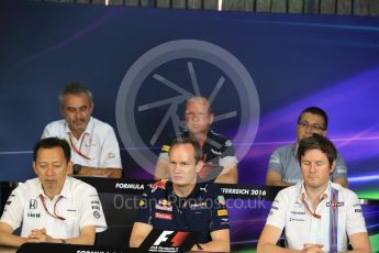 World © Octane Photographic Ltd. F1 Austrian GP FIA Personnel Press Conference, Red Bull Ring, Spielberg, Austria. Friday 1st July 2016. Luca Furbatto - Manor Racing Chielf Designer, Yusuke Hasegawa – Honda Head of Formula 1Project, Paul Monaghan – Red Bull Racing Chief Engineer (Car Engineering), Rob Smedley - Williams Martini Racing Head of Vehicle Performance, Graham Watson - Scuderia Toro Rosso Team Manager and Beat Zehnder – Sauber F1 Team, Team Manager. Digital Ref :1602LB1D5646