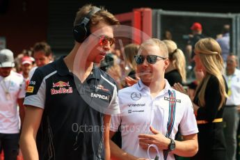 World © Octane Photographic Ltd. Scuderia Toro Rosso STR11 – Daniil Kyat and Williams Martini Racing, Williams Mercedes FW38 – Valtteri Bottas. Sunday 28th August 2016, F1 Belgian GP Driver Parade, Spa-Francorchamps, Belgium. Digital Ref : 1691LB1D2050