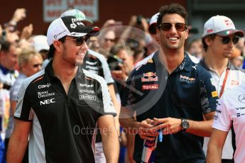 World © Octane Photographic Ltd. Sahara Force India VJM09 - Sergio Perez and Red Bull Racing RB12 – Daniel Ricciardo. Sunday 28th August 2016, F1 Belgian GP Driver Parade, Spa-Francorchamps, Belgium. Digital Ref : 1691LB1D2098