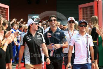 World © Octane Photographic Ltd. Sahara Force India VJM09 - Sergio Perez and Williams Martini Racing, Williams Mercedes FW38 – Felipe Massa. Sunday 28th August 2016, F1 Belgian GP Driver Parade, Spa-Francorchamps, Belgium. Digital Ref : 1691LB1D2100