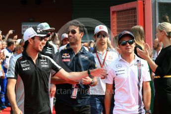 World © Octane Photographic Ltd. Sahara Force India VJM09 - Sergio Perez and Williams Martini Racing, Williams Mercedes FW38 – Felipe Massa. Sunday 28th August 2016, F1 Belgian GP Driver Parade, Spa-Francorchamps, Belgium. Digital Ref : 1691LB1D2104