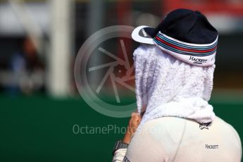 World © Octane Photographic Ltd. Williams Martini Racing, Williams Mercedes driver keeps cool. Sunday 28th August 2016, F1 Belgian GP Grid, Spa-Francorchamps, Belgium. Digital Ref : 1691LB1D2414