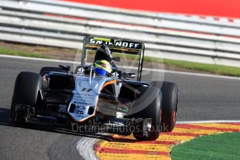 World © Octane Photographic Ltd. Sahara Force India VJM09 - Sergio Perez. Friday 26th August 2016, F1 Belgian GP Practice 1, Spa-Francorchamps, Belgium. Digital Ref : 1680LB1D6310