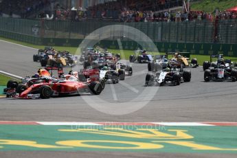 World © Octane Photographic Ltd. Scuderia Ferrari SF16-H – Sebastian Vettel and team mate Kimi Raikkonen come together at Turn 1. Sunday 28th August 2016, F1 Belgian GP Race, Spa-Francorchamps, Belgium. Digital Ref : 1692LB1D2505