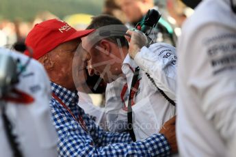 World © Octane Photographic Ltd. Mercedes AMG Petronas - Niki Lauda and Paddy Lowe. Sunday 28th August 2016, F1 Belgian GP Race Podium, Spa-Francorchamps, Belgium. Digital Ref : 1693LB1D2789