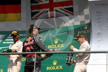 World © Octane Photographic Ltd. Mercedes AMG Petronas – Nico Rosberg, Red Bull Racing – Daniel Ricciardo and Lewis Hamilton. Sunday 28th August 2016, F1 Belgian GP Race Podium, Spa-Francorchamps, Belgium. Digital Ref : 1693LB1D3230