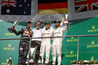 World © Octane Photographic Ltd. Mercedes AMG Petronas – Nico Rosberg, Red Bull Racing – Daniel Ricciardo and Lewis Hamilton. Sunday 28th August 2016, F1 Belgian GP Race Podium, Spa-Francorchamps, Belgium. Digital Ref : 1693LB1D3305