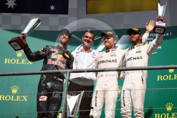 World © Octane Photographic Ltd. Mercedes AMG Petronas – Nico Rosberg, Red Bull Racing – Daniel Ricciardo and Lewis Hamilton. Sunday 28th August 2016, F1 Belgian GP Race Podium, Spa-Francorchamps, Belgium. Digital Ref : 1693LB1D3311