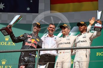 World © Octane Photographic Ltd. Mercedes AMG Petronas – Nico Rosberg, Red Bull Racing – Daniel Ricciardo and Lewis Hamilton. Sunday 28th August 2016, F1 Belgian GP Race Podium, Spa-Francorchamps, Belgium. Digital Ref : 1693LB1D3326