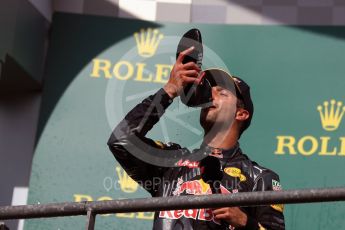 World © Octane Photographic Ltd. Red Bull Racing – Daniel Ricciardo drinks champagne from his race boot. Sunday 28th August 2016, F1 Belgian GP Race Podium, Spa-Francorchamps, Belgium. Digital Ref : 1693LB1D3472