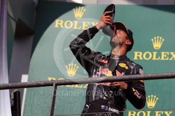 World © Octane Photographic Ltd. Red Bull Racing – Daniel Ricciardo drinks champagne from his race boot. Sunday 28th August 2016, F1 Belgian GP Race Podium, Spa-Francorchamps, Belgium. Digital Ref : 1693LB1D3478