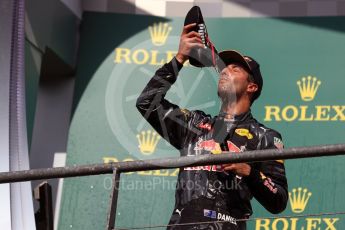 World © Octane Photographic Ltd. Red Bull Racing – Daniel Ricciardo drinks champagne from his race boot. Sunday 28th August 2016, F1 Belgian GP Race Podium, Spa-Francorchamps, Belgium. Digital Ref : 1693LB1D3485