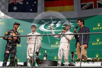 World © Octane Photographic Ltd. Mercedes AMG Petronas – Nico Rosberg, Red Bull Racing – Daniel Ricciardo and Lewis Hamilton. Sunday 28th August 2016, F1 Belgian GP Race Podium, Spa-Francorchamps, Belgium. Digital Ref : 1693LB1D3516