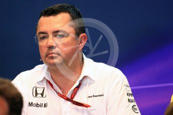 World © Octane Photographic Ltd. F1 Belgian GP FIA Personnel Press Conference, Spa-Francorchamps, Belgium. Friday 26th August 2016. Eric Boullier – McLaren Honda Racing Director. Digital Ref : 1684LB1D7737
