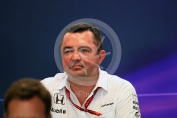 World © Octane Photographic Ltd. F1 Belgian GP FIA Personnel Press Conference, Spa-Francorchamps, Belgium. Friday 26th August 2016. Eric Boullier – McLaren Honda Racing Director. Digital Ref : 1684LB1D7914