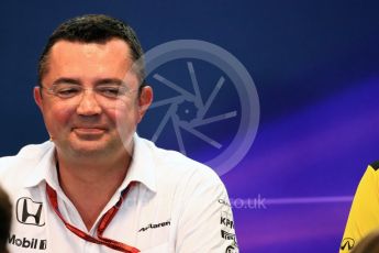 World © Octane Photographic Ltd. F1 Belgian GP FIA Personnel Press Conference, Spa-Francorchamps, Belgium. Friday 26th August 2016. Eric Boullier – McLaren Honda Racing Director. Digital Ref : 1684LB1D7919