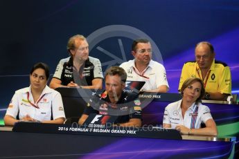 World © Octane Photographic Ltd. F1 Belgian GP FIA Personnel Press Conference, Spa-Francorchamps, Belgium. Friday 26th August 2016. Eric Boullier – McLaren Honda Racing Director, Robert Fernley- Sahara Force India Deputy Team Principal, Christian Horner - Red Bull Racing Team Principal, Monisha Kaltenborn – Sauber F1 Team Team Principal, Frederic Vasseur – Renault Sport F1 Team - Team Principal, Claire Williams – Williams Martini Racing Deputy Team Principal. Digital Ref : 1684LB2D3934