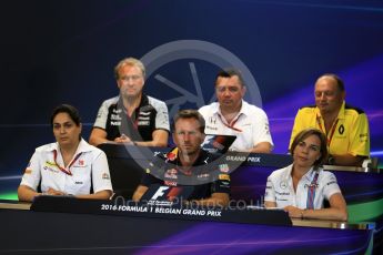 World © Octane Photographic Ltd. F1 Belgian GP FIA Personnel Press Conference, Spa-Francorchamps, Belgium. Friday 26th August 2016. Eric Boullier – McLaren Honda Racing Director, Robert Fernley- Sahara Force India Deputy Team Principal, Christian Horner - Red Bull Racing Team Principal, Monisha Kaltenborn – Sauber F1 Team Team Principal, Frederic Vasseur – Renault Sport F1 Team - Team Principal, Claire Williams – Williams Martini Racing Deputy Team Principal. Digital Ref : 1684LB2D3943